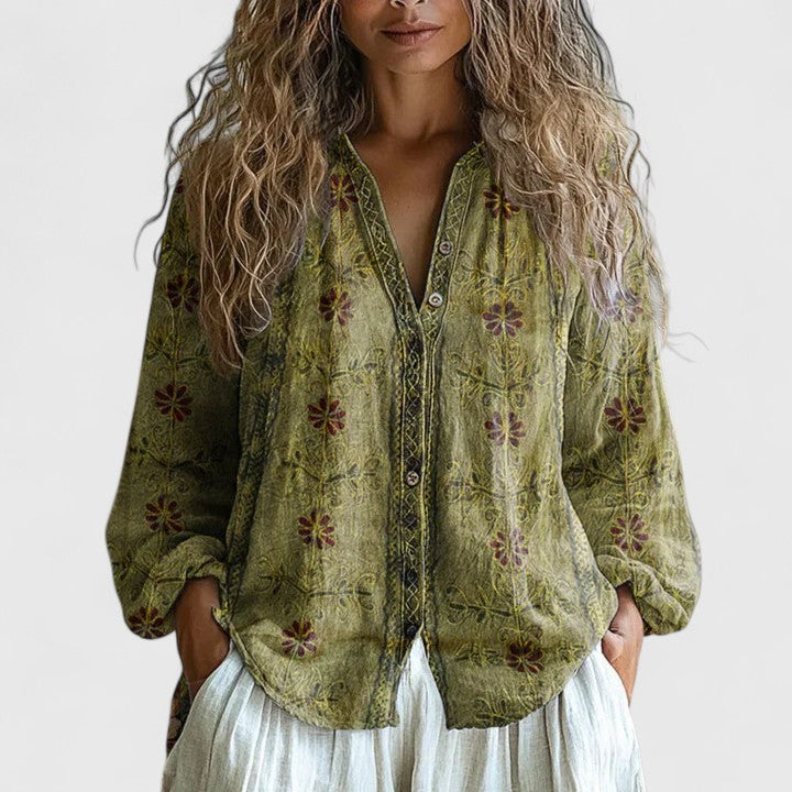 Lunara | Bohemian Blouse met Libelle Print voor Dames-Dameskleding > Tops & Blouses > Bohemian Blouses-Myna Mode-Groen-S-Myna Mode