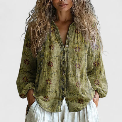Lunara | Bohemian Blouse met Libelle Print voor Dames-Dameskleding > Tops & Blouses > Bohemian Blouses-Myna Mode-Groen-S-Myna Mode