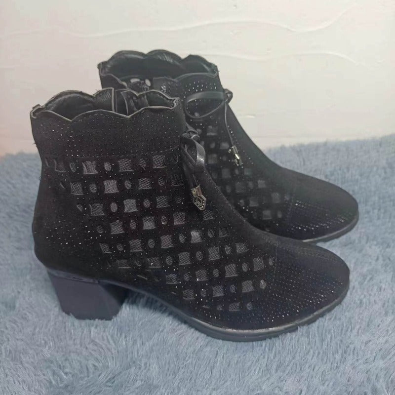 Mesh Ankle Boots with Heel – Elegant Women's Boots with Zipper
