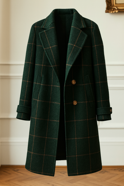 Ladies' Checked Long Coat with Lapel Collar