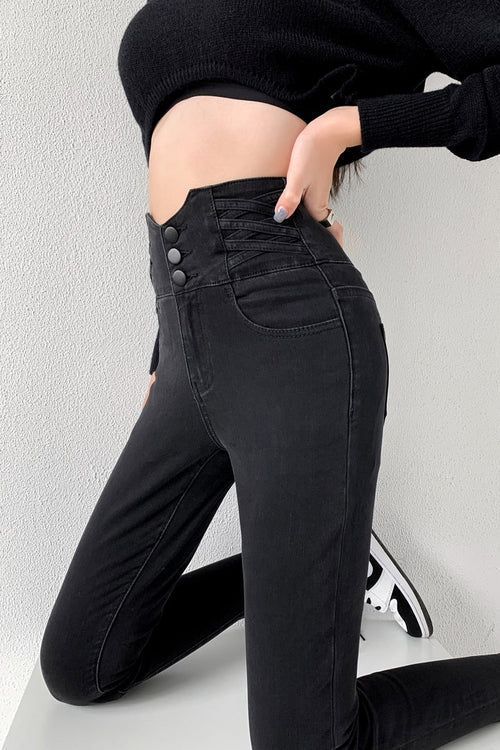 Dames Skinny Jeans – Hoge Taille & Vintage Knopen