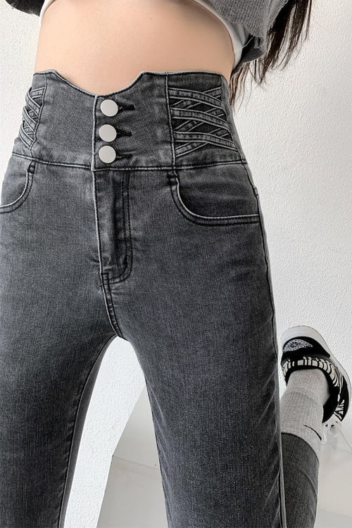 Dames Skinny Jeans – Hoge Taille & Vintage Knopen