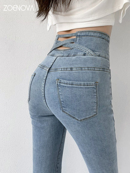 Dames Skinny Jeans – Hoge Taille & Vintage Knopen