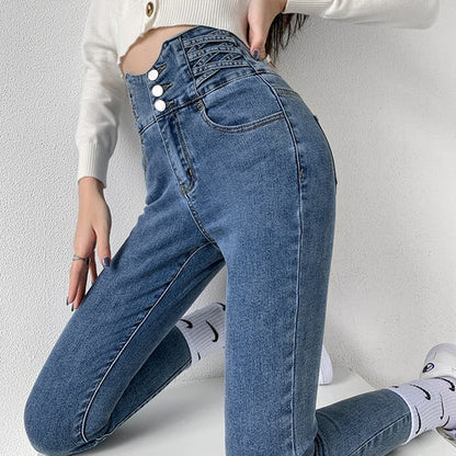 Dames Skinny Jeans – Hoge Taille & Vintage Knopen