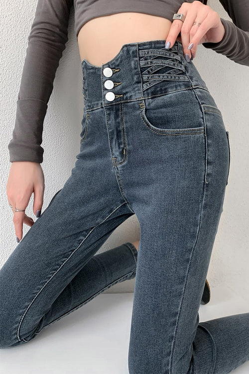 Dames Skinny Jeans – Hoge Taille & Vintage Knopen