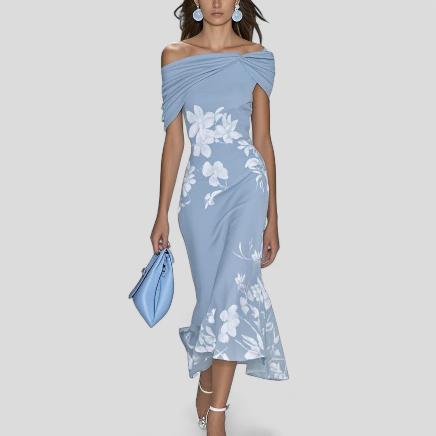 Dames Off-Shoulder Midi Jurk | Elegante Bloemenprint & Slim Fit