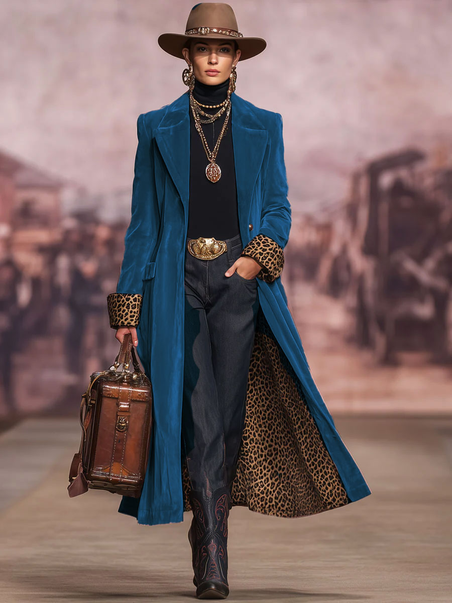 Ladies Velvet Coat with Lapel and Leopard Print – Single Breasted