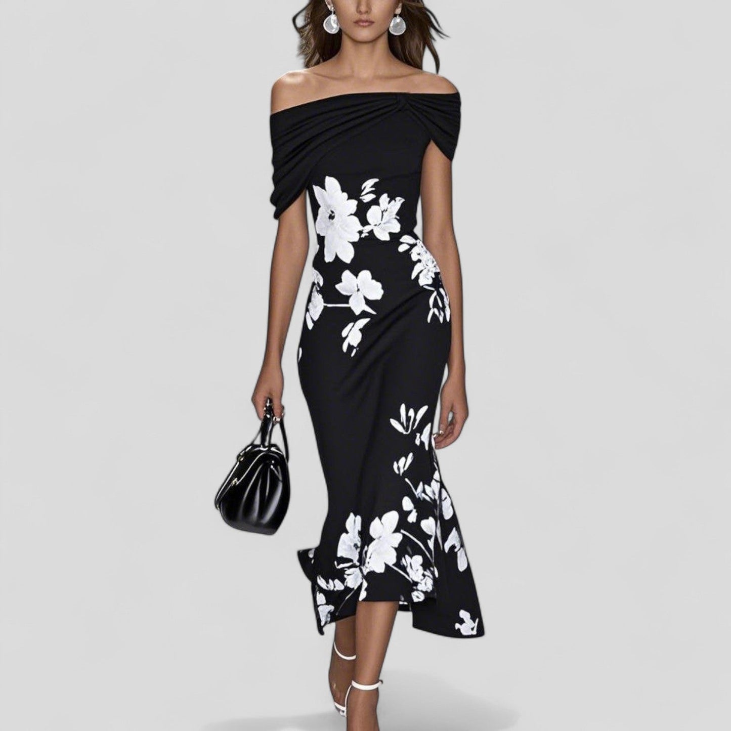 Dames Off-Shoulder Midi Jurk | Elegante Bloemenprint & Slim Fit
