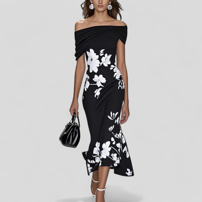 Dames Off-Shoulder Midi Jurk | Elegante Bloemenprint & Slim Fit
