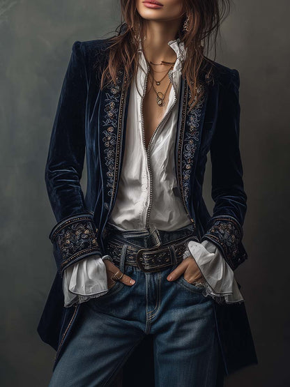 Dames Lange Fluwelen Jas met Borduursels