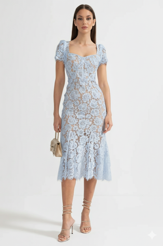 Korte Mouwen Kanten Jurk met Delicate Tailleband – Blauw