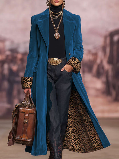 Ladies Velvet Coat with Lapel and Leopard Print – Single Breasted