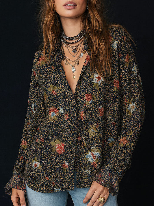 Elise – Dames Blouse met Bloemenprint, Ruches en Afgeronde Zoom