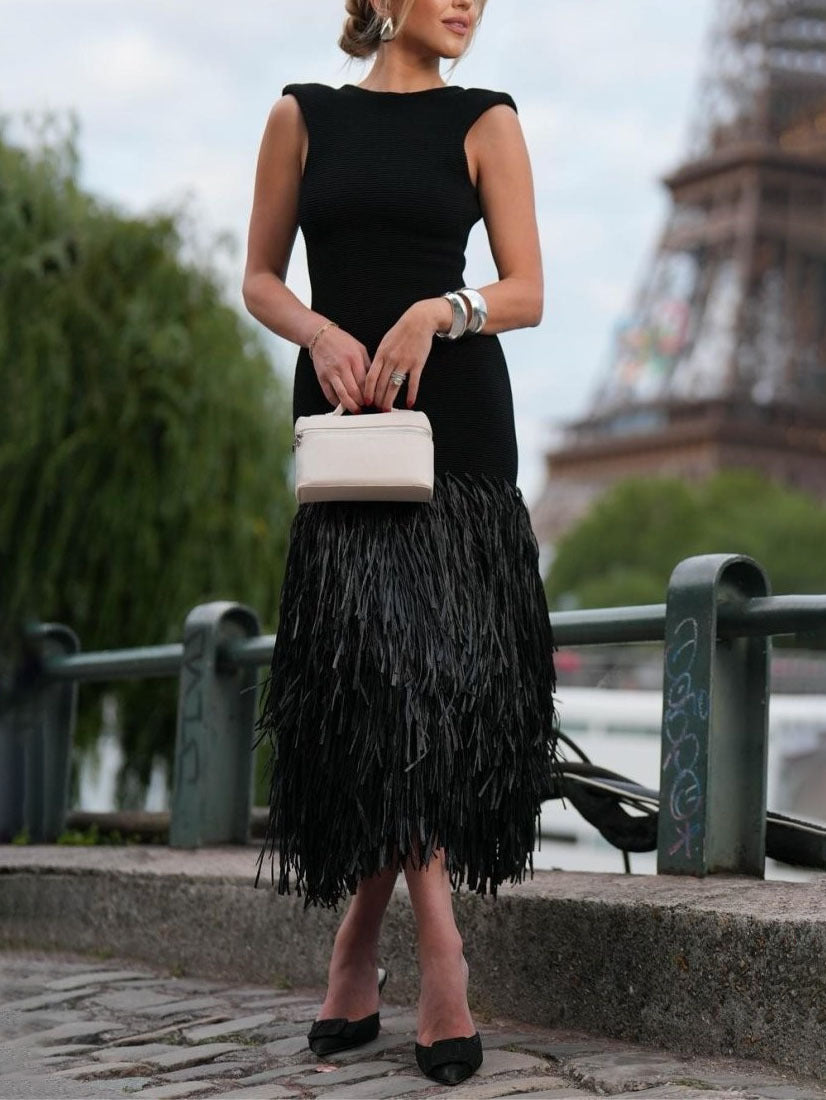 Noiré Fringe Midi Jurk | Elegant Slim Fit & Luxe Avond Look