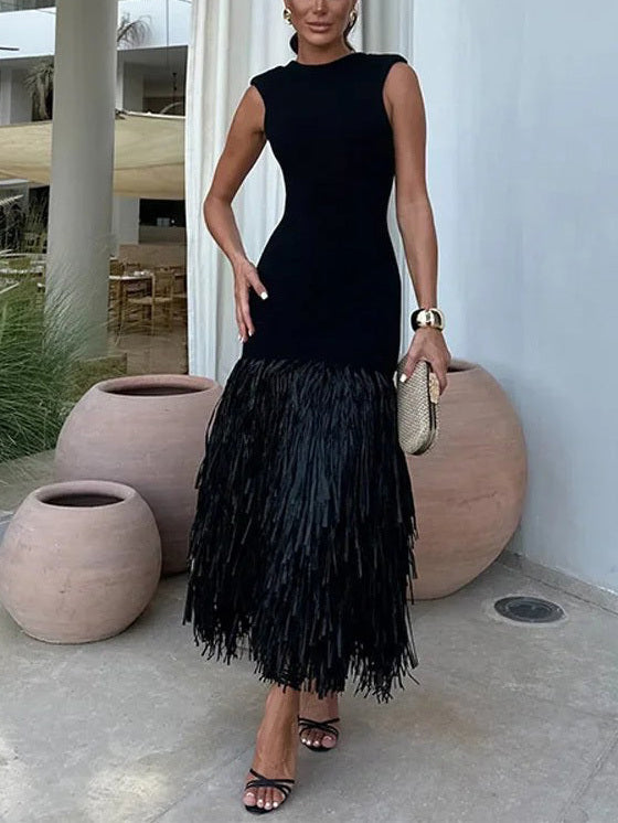Noiré Fringe Midi Jurk | Elegant Slim Fit & Luxe Avond Look