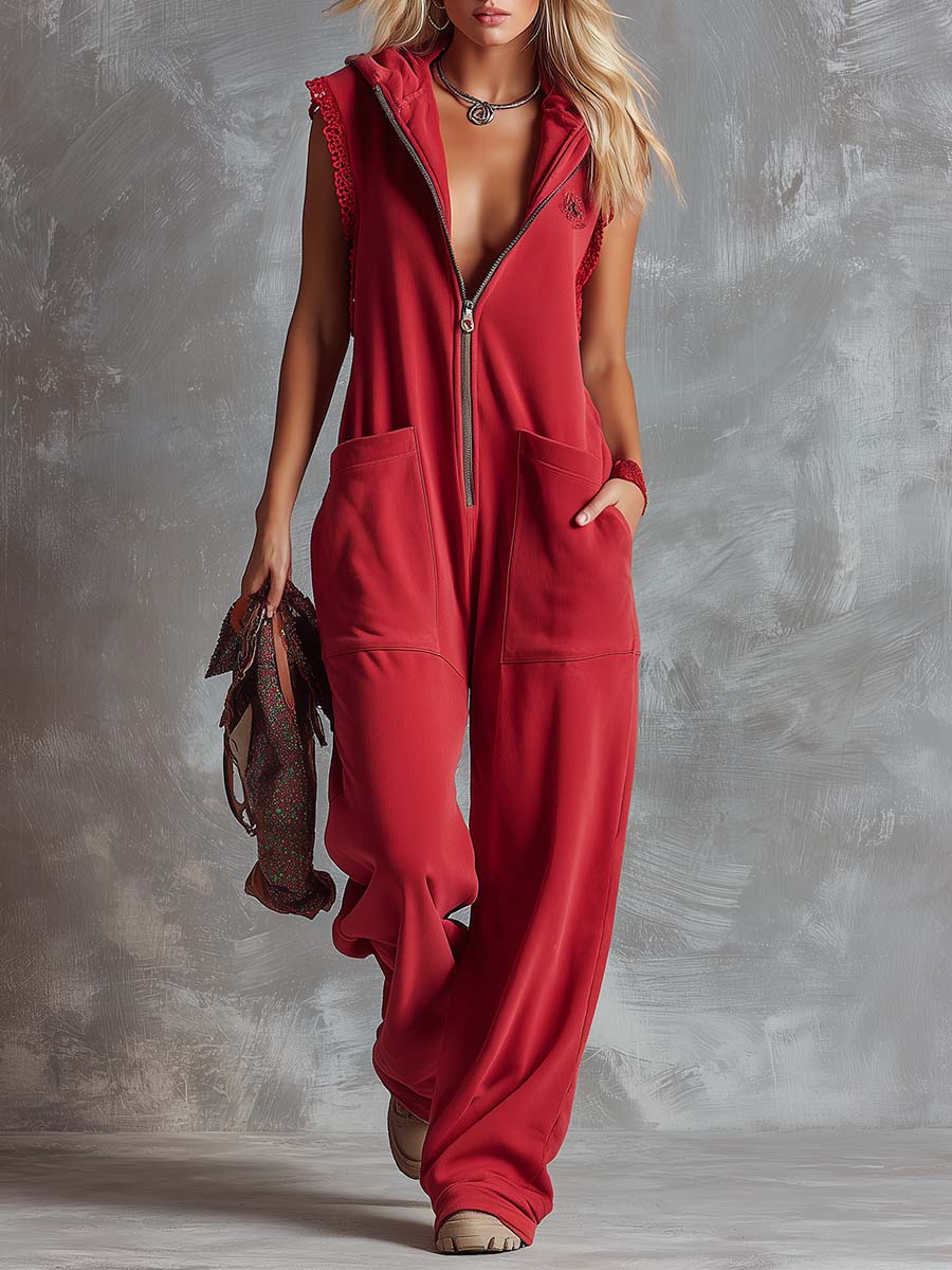 Dames Sportieve Katoenen Jumpsuit met Capuchon en Rits – Framboosrood