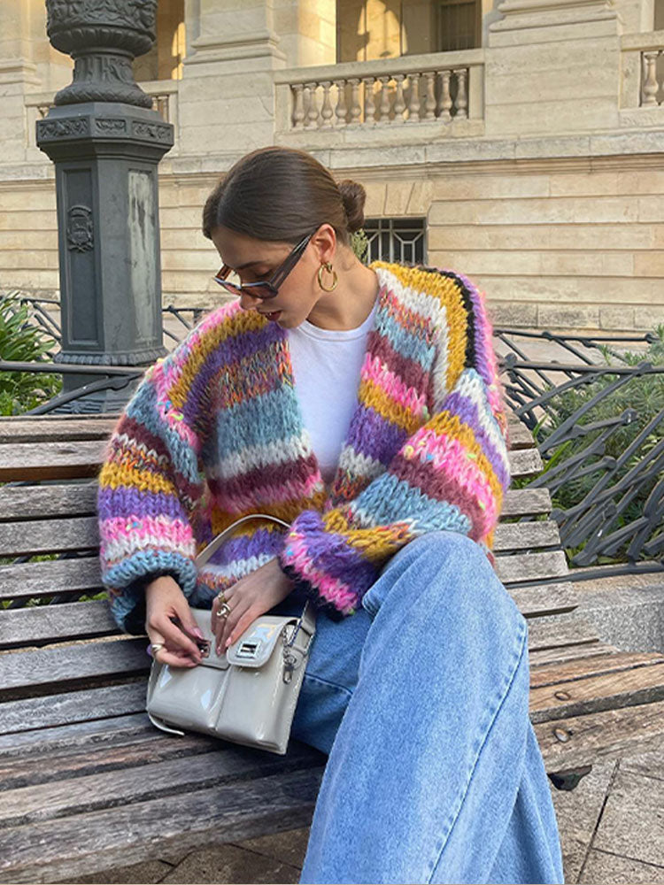 Kleurrige Patchwork Cardigan voor Dames – Zachte Gebreide Trui voor Herfst en Winter