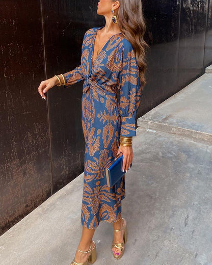 Women's Midi Dress | V-Neck & Draped Waist | Elegant Print Dress