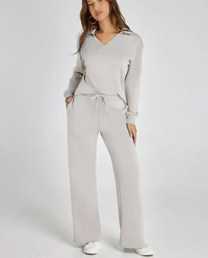 Women's Two-Piece Set with V-Neck Sweatshirt and Wide Pants – Comfortable & Stylish – For Autumn/Winter