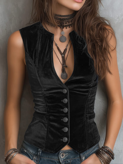 Vintage Round V-Neck Velvet Vest-Vest-Myna Mode-Black-XS-Myna Mode