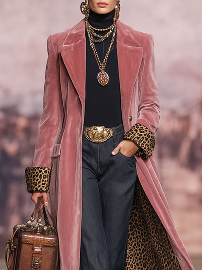 Ladies Velvet Coat with Lapel and Leopard Print – Single Breasted