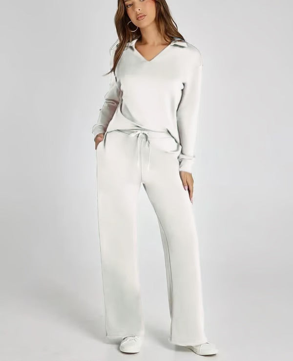 Women's Two-Piece Set with V-Neck Sweatshirt and Wide Pants – Comfortable & Stylish – For Autumn/Winter