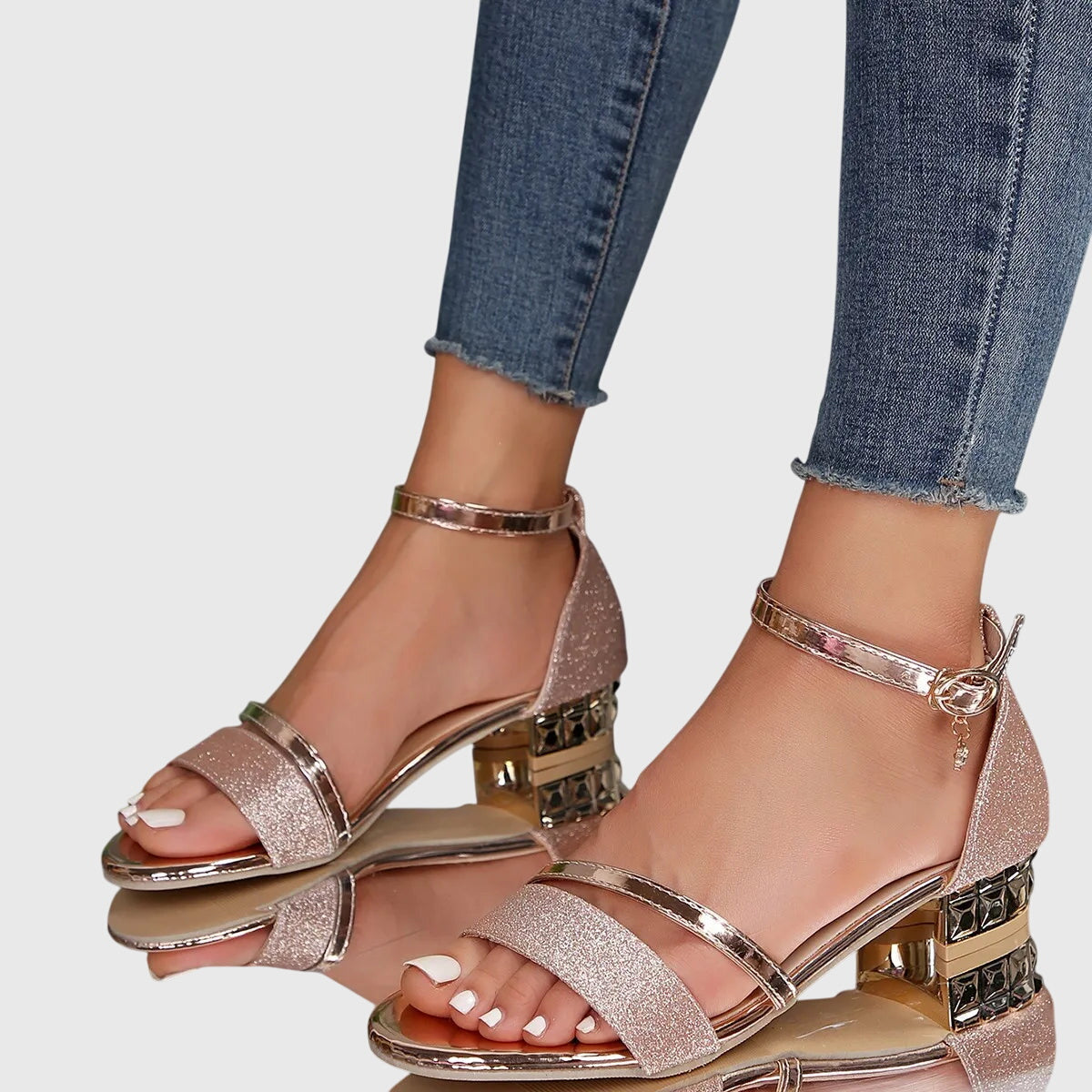 Dames Sandalen met Blokhak | Enkelband & Metallic Details | Elegante Comfort Hak-Schoenen – Dames – Sandalen – Hak Sandalen-Myna Mode-Zwart-US 5 - UK 3-Myna Mode