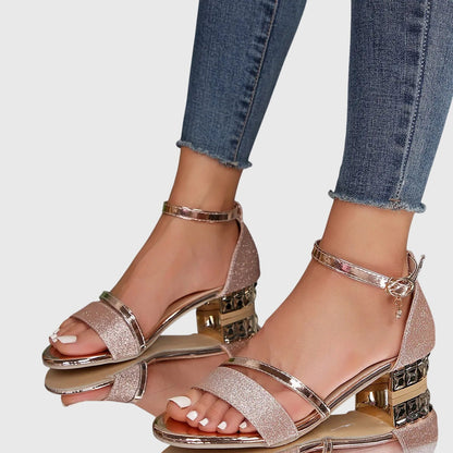 Dames Sandalen met Blokhak | Enkelband & Metallic Details | Elegante Comfort Hak-Schoenen – Dames – Sandalen – Hak Sandalen-Myna Mode-Zwart-US 5 - UK 3-Myna Mode