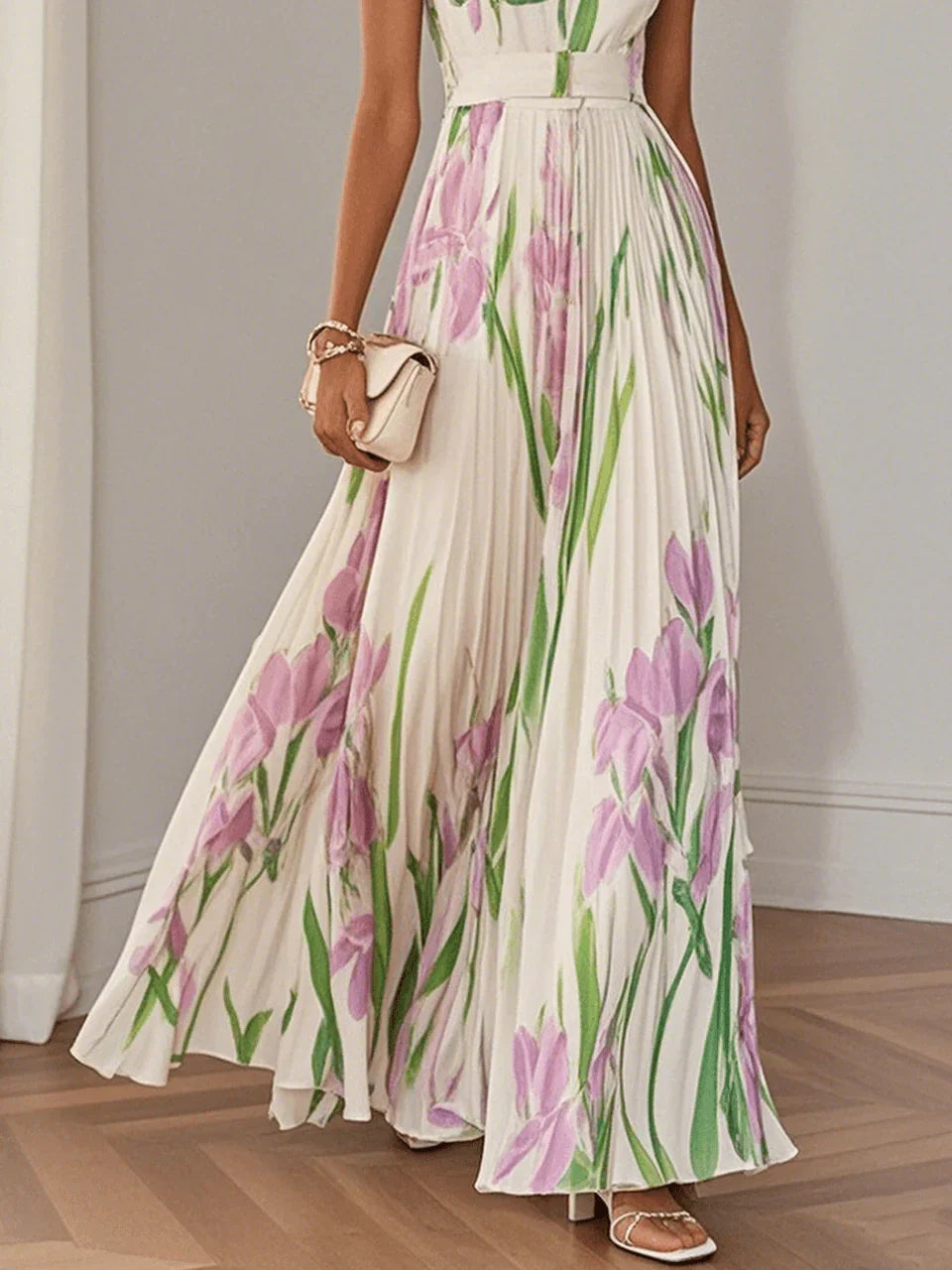 Nina – Dames Lange Plissé Jurk met Bloemenprint