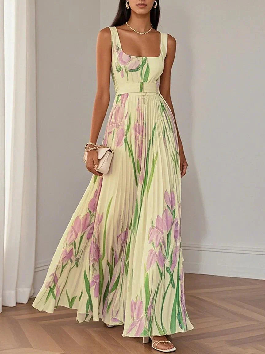 Nina – Dames Lange Plissé Jurk met Bloemenprint