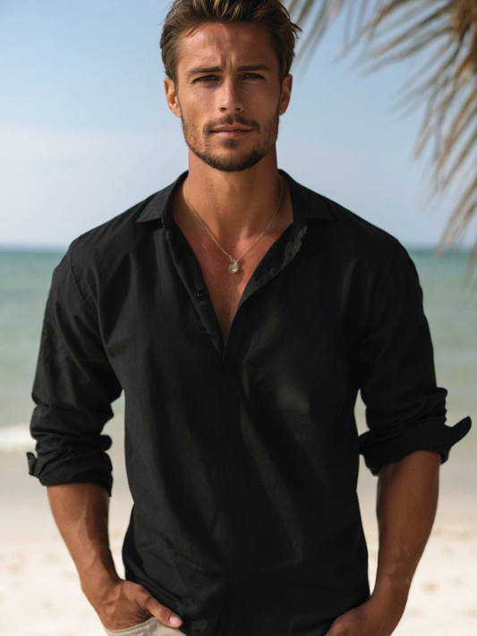 Heren Linnen Overhemd – Luchtig Casual Strandshirt met Open Kraag – Zomer & Vakantie