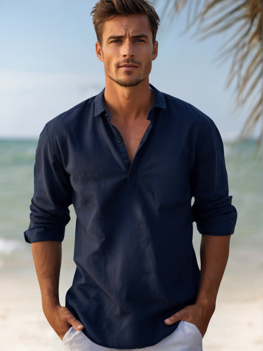 Heren Linnen Overhemd – Luchtig Casual Strandshirt met Open Kraag – Zomer & Vakantie