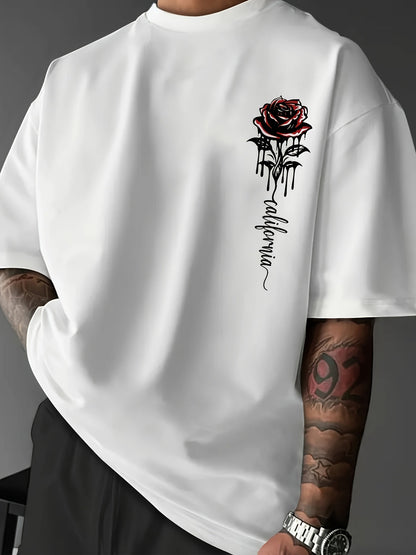 Heren T-Shirt met Print – Rozen Design & Losse Pasvorm – Casual Zomer Shirt