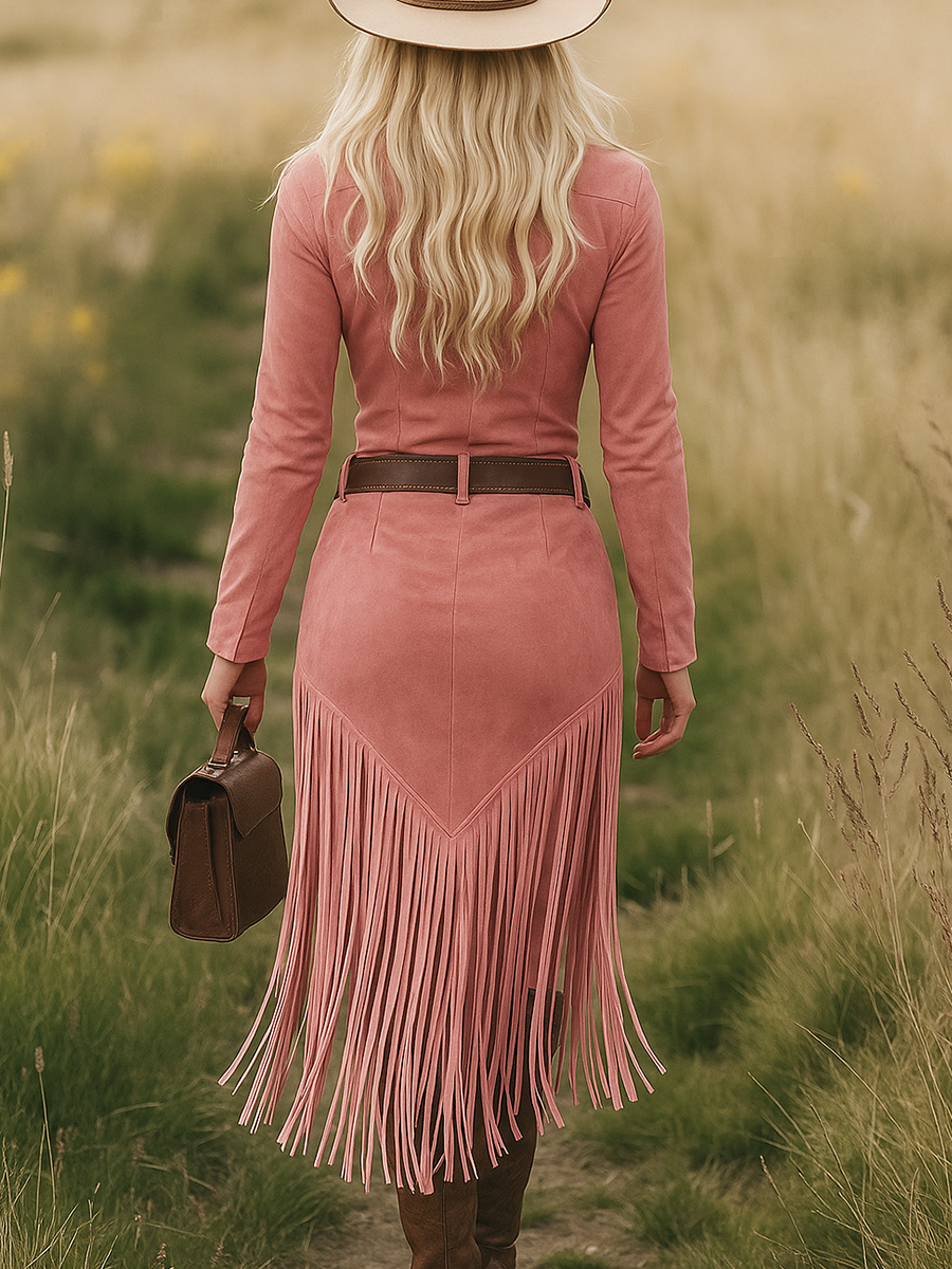 Retro Western Midi Jurk met Kraag, Rits en Kwastjes