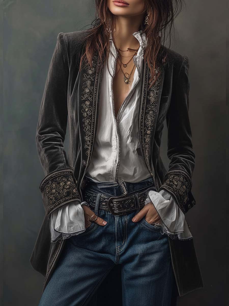 Dames Lange Fluwelen Jas met Borduursels