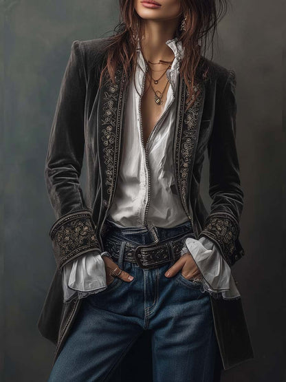 Dames Lange Fluwelen Jas met Borduursels