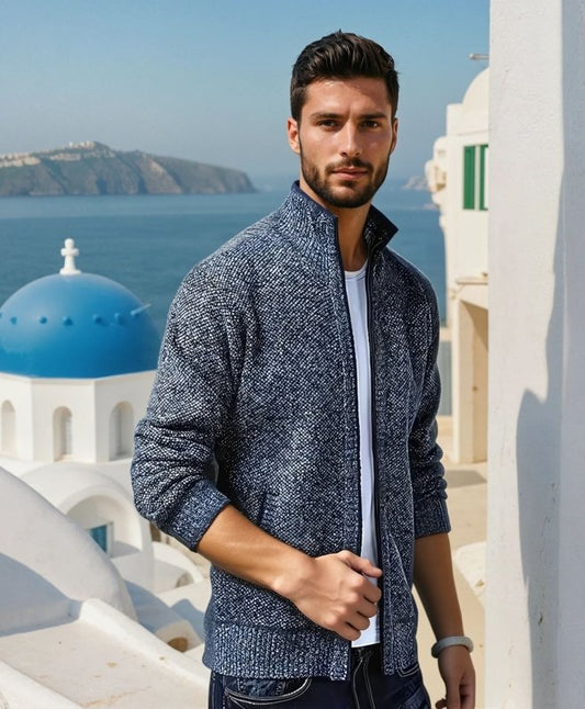Men's Knitted Cardigan with Zipper – Relaxed Fit & Stand-up Collar