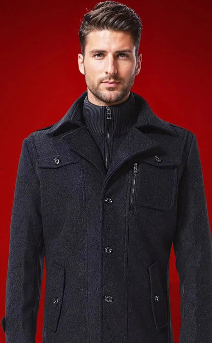 Men's wool trench coat with detachable inner collar
