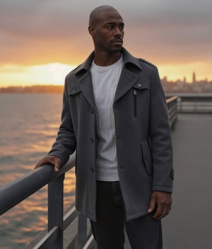 Men's wool trench coat with detachable inner collar