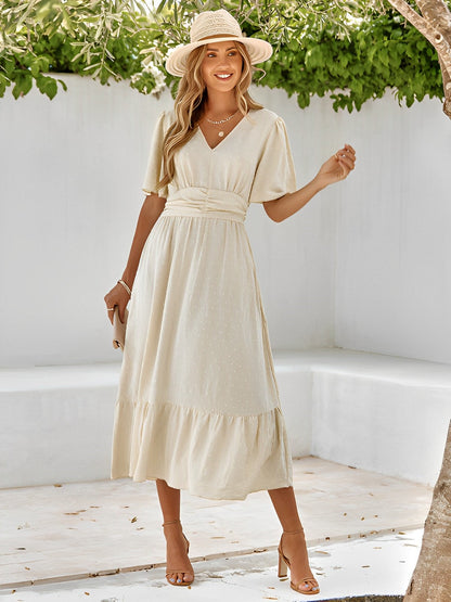 Elise Midi Dress | V-Neck & Waist Fit | Airy Summer Look