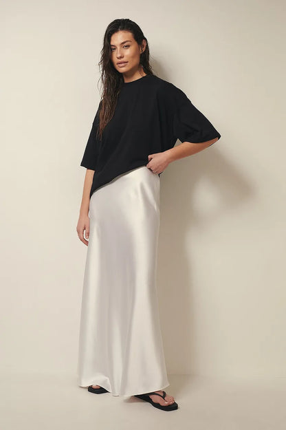 Satin Midi Skirt with High Waist – Shiny Elegant Women's Skirt