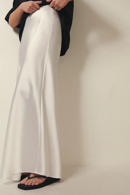 Satin Midi Skirt with High Waist – Shiny Elegant Women's Skirt