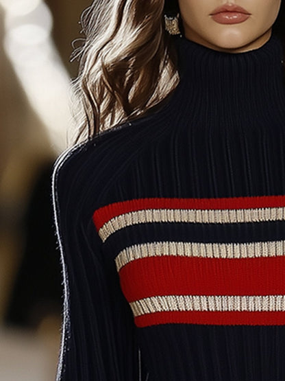 Ladies' Knitted Dress with High Collar and Red-White Stripes – Vintage Style