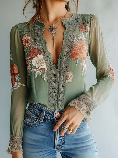 Boho Blouse met Kant en Bloemenprint – Lichtgewicht & Elegant
