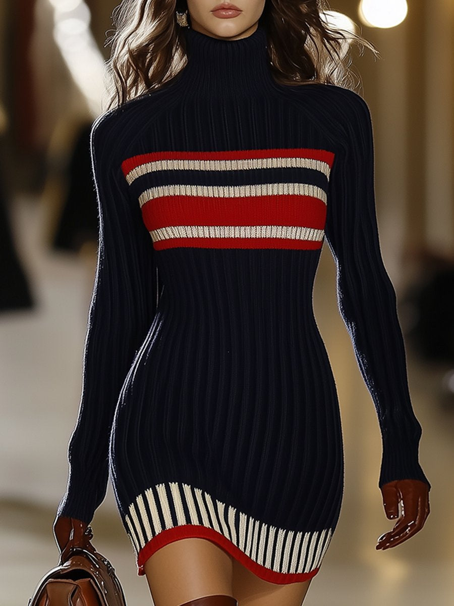 Ladies' Knitted Dress with High Collar and Red-White Stripes – Vintage Style