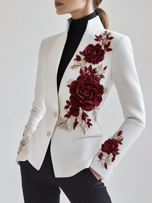 White Blazer with Red Roses Embroidery – Chic & Elegant