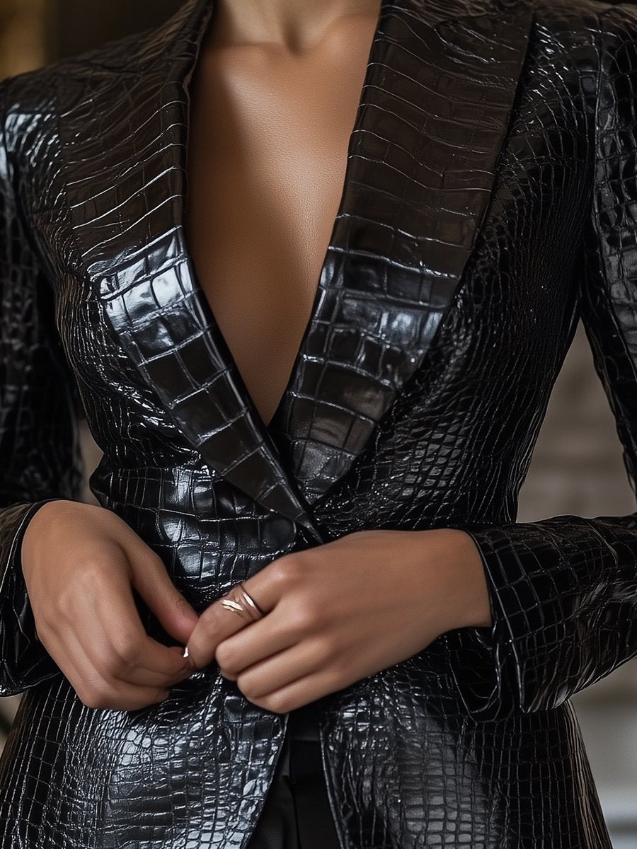 Vintage Croco-look PU Leren Blazer voor Dames