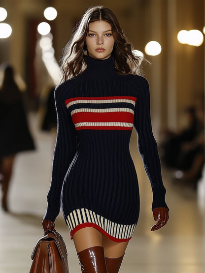 Ladies' Knitted Dress with High Collar and Red-White Stripes – Vintage Style