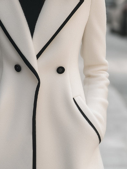 White Women's Coat with Black Piping – Double-Breasted & Elegant