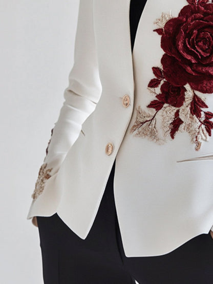 Witte Blazer met Rode Rozen Borduursel – Chic & Elegant